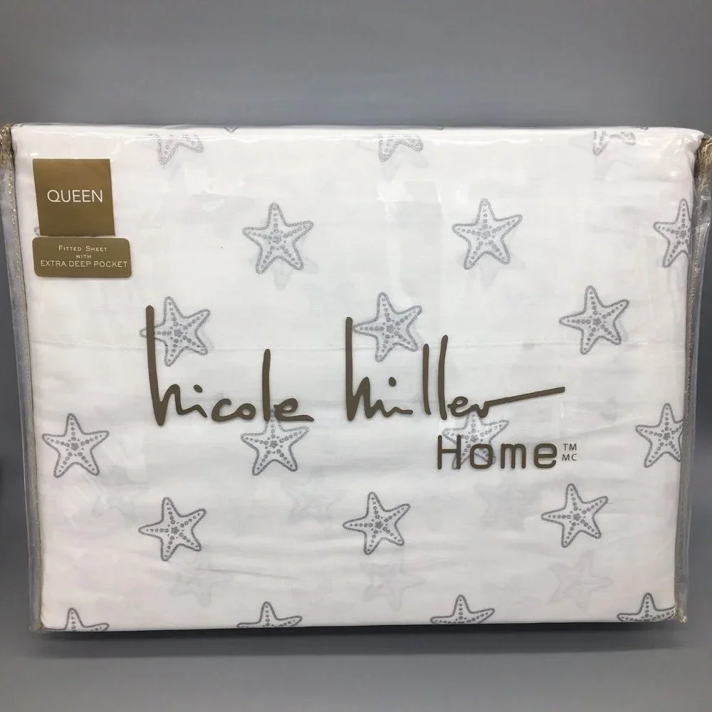 Nicole Miller Silver Starfish QUEEN Sheet Set Beach Ocean Shimmer 100% Cotton